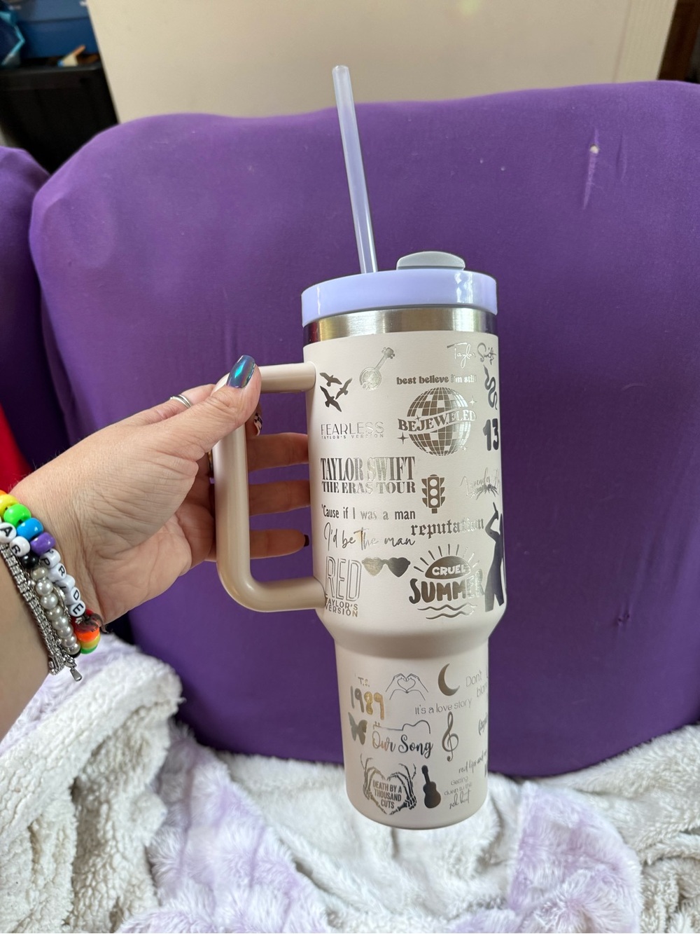 Taylor Swift Lyric Print Travel Tumbler with Handle - Beige w/silver embossed